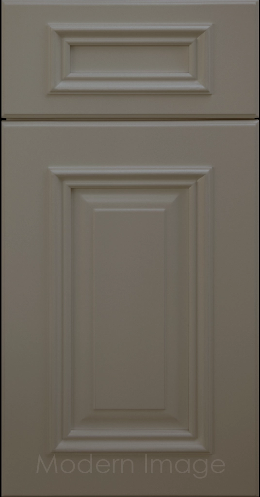 Hamilton cabinet door in Wind matte finish with double raised panel and mitered elevated molding.